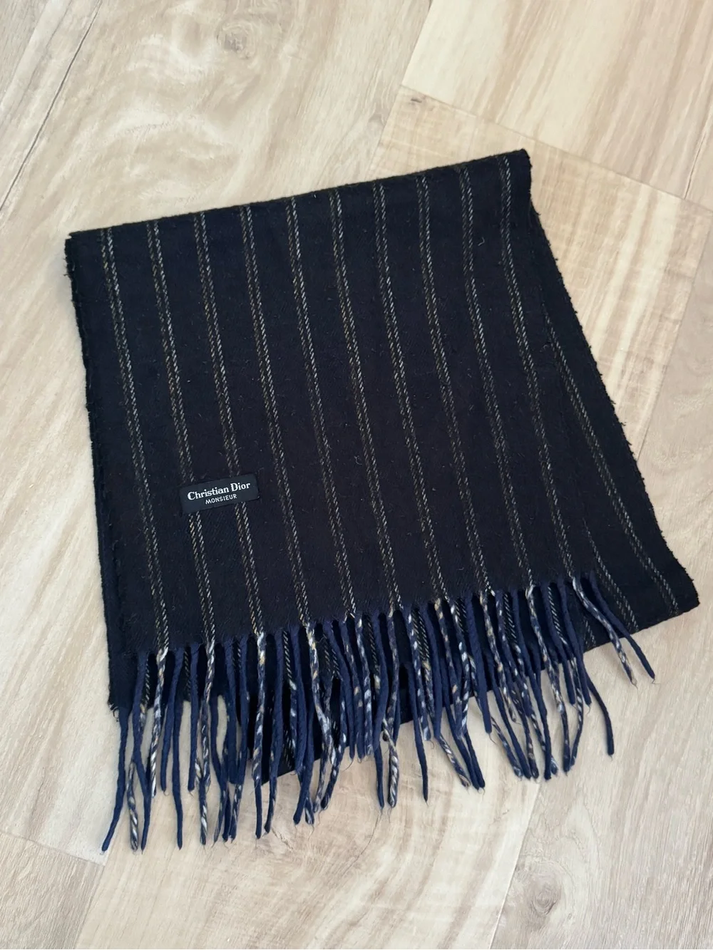 Dior Men’s Black Scarf with Subtle Gold Pinstripes